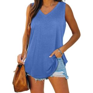 XIEERDUO Womens Tank Tops V Neck Basic Solid Color Casual Flowy Summer Sleeveless(01-blue)