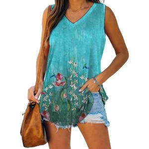 XIEERDUO Womens Tank Tops V Neck Basic Solid Color Casual Flowy Summer Sleeveless(01-blue Floral)