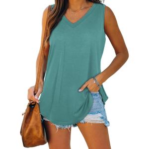 XIEERDUO Womens Tank Tops V Neck Basic Solid Color Casual Flowy Summer Sleeveless(01-blue Green)