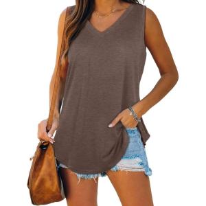 XIEERDUO Womens Tank Tops V Neck Basic Solid Color Casual Flowy Summer Sleeveless(01-coffee)
