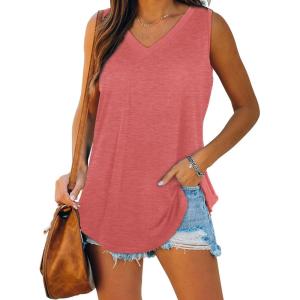 XIEERDUO Womens Tank Tops V Neck Basic Solid Color Casual Flowy Summer Sleeveless(01-coral)