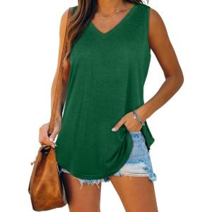 XIEERDUO Womens Tank Tops V Neck Basic Solid Color Casual Flowy Summer Sleeveless(01-green)