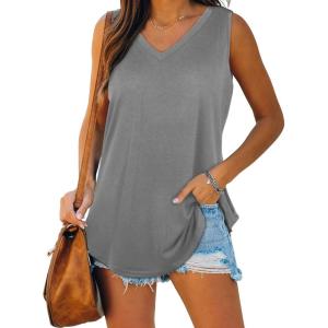 XIEERDUO Womens Tank Tops V Neck Basic Solid Color Casual Flowy Summer Sleeveless(01-grey)