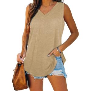 XIEERDUO Womens Tank Tops V Neck Basic Solid Color Casual Flowy Summer Sleeveless(01-khaki)