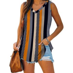 XIEERDUO Womens Tank Tops V Neck Basic Solid Color Casual Flowy Summer Sleeveless(01-khaki Stripe)