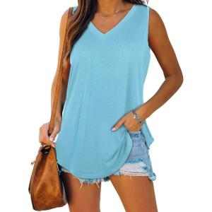 XIEERDUO Womens Tank Tops V Neck Basic Solid Color Casual Flowy Summer Sleeveless(01-lakeblue)