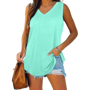 XIEERDUO Womens Tank Tops V Neck Basic Solid Color Casual Flowy Summer Sleeveless(01-lakegreen)
