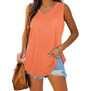 XIEERDUO Womens Tank Tops V Neck Basic Solid Color Casual Flowy Summer Sleeveless(01-orange)