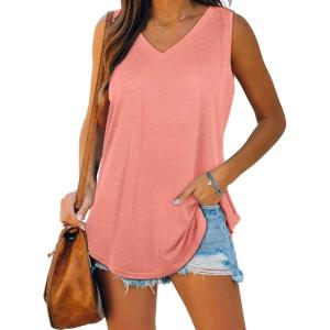 XIEERDUO Womens Tank Tops V Neck Basic Solid Color Casual Flowy Summer Sleeveless(01-pink)