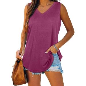 XIEERDUO Womens Tank Tops V Neck Basic Solid Color Casual Flowy Summer Sleeveless(01-purplered)