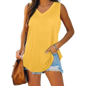 XIEERDUO Womens Tank Tops V Neck Basic Solid Color Casual Flowy Summer Sleeveless(01-yellow)