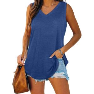 XIEERDUO Womens Tank Tops V Neck Basic Solid Color Casual Flowy Summer Sleeveless(02-dark Blue)