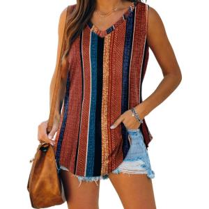 XIEERDUO Womens Tank Tops V Neck Basic Solid Color Casual Flowy Summer Sleeveless(Brown Stripe)