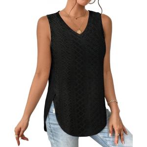 XIEERDUO Womens Tank Tops V Neck Eyelet Embroidery Casaul Sleeveless Shirts(02-black)