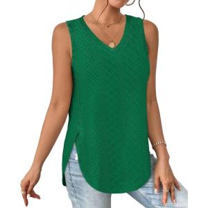 XIEERDUO Womens Tank Tops V Neck Eyelet Embroidery Casaul Sleeveless Shirts(06-light Green)