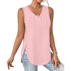 XIEERDUO Womens Tank Tops V Neck Eyelet Embroidery Casaul Sleeveless Shirts(06-light Pink)