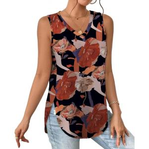 XIEERDUO Womens Tank Tops V Neck Eyelet Embroidery Casaul Sleeveless Shirts(07-khaki Flower)