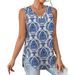 XIEERDUO Womens Tank Tops V Neck Eyelet Embroidery Casaul Sleeveless Shirts(08-blue Flower)