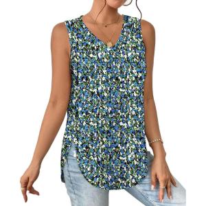 XIEERDUO Womens Tank Tops V Neck Eyelet Embroidery Casaul Sleeveless Shirts(Floral Blue)