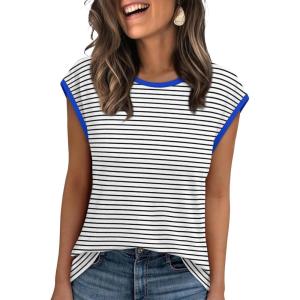 XIEERDUO Womens Tops Dressy Casual Summer Striped Shirts Cap Sleeve Tops Color Block Loose Fit(Blackwhite Blue)