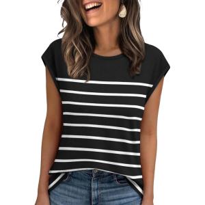 XIEERDUO Womens Tops Dressy Casual Summer Striped Shirts Cap Sleeve Tops Color Block Loose Fit(White Blacks)