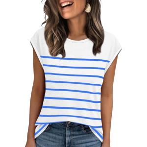 XIEERDUO Womens Tops Dressy Casual Summer Striped Shirts Cap Sleeve Tops Color Block Loose Fit(White Blue)