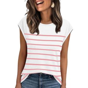 XIEERDUO Womens Tops Dressy Casual Summer Striped Shirts Cap Sleeve Tops Color Block Loose Fit(White Pink)