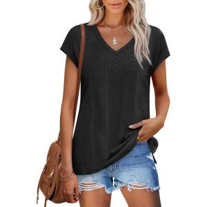 XIEERDUO Womens Tops V Neck Cap Sleeve Loose Fit Tee Shirts Summer Spring 2025 Eyelet/Printed(Eyelet Black)