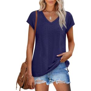 XIEERDUO Womens Tops V Neck Cap Sleeve Loose Fit Tee Shirts Summer Spring 2025 Eyelet/Printed(Eyelet Navy)