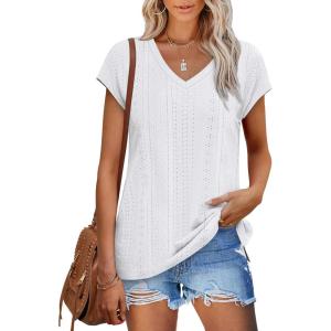 XIEERDUO Womens Tops V Neck Cap Sleeve Loose Fit Tee Shirts Summer Spring 2025 Eyelet/Printed(Eyelet White)