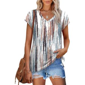 XIEERDUO Womens Tops V Neck Cap Sleeve Loose Fit Tee Shirts Summer Spring 2025 Eyelet/Printed(Printed B)