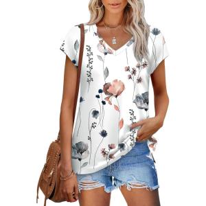 XIEERDUO Womens Tops V Neck Cap Sleeve Loose Fit Tee Shirts Summer Spring 2025 Eyelet/Printed(Printed D)