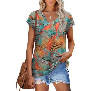 XIEERDUO Womens Tops V Neck Cap Sleeve Loose Fit Tee Shirts Summer Spring 2025 Eyelet/Printed(Printed E)