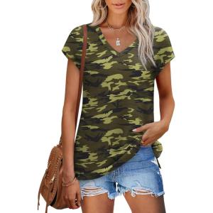 XIEERDUO Womens Tops V Neck Cap Sleeve Loose Fit Tee Shirts Summer Spring 2025 Eyelet/Printed(Printed G)