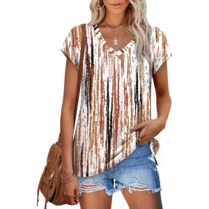 XIEERDUO Womens Tops V Neck Cap Sleeve Loose Fit Tee Shirts Summer Spring 2025 Eyelet/Printed(Printed I)