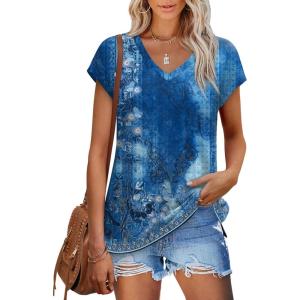 XIEERDUO Womens Tops V Neck Cap Sleeve Loose Fit Tee Shirts Summer Spring 2025 Eyelet/Printed(Printed J)