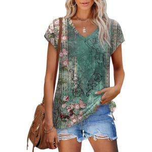 XIEERDUO Womens Tops V Neck Cap Sleeve Loose Fit Tee Shirts Summer Spring 2025 Eyelet/Printed(Printed K)