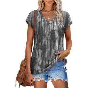 XIEERDUO Womens Tops V Neck Cap Sleeve Loose Fit Tee Shirts Summer Spring 2025 Eyelet/Printed(Printed L)
