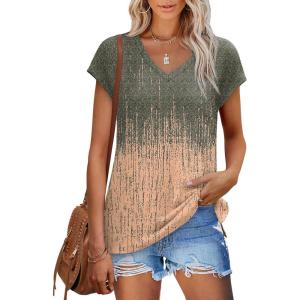 XIEERDUO Womens Tops V Neck Cap Sleeve Loose Fit Tee Shirts Summer Spring 2025 Eyelet/Printed(Printed a)