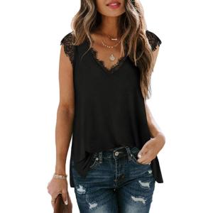 XIEERDUO Women’s V Neck Lace Tank Tops Summer Casual Sleeveless Shirts Tops Side Split(Aa-black)