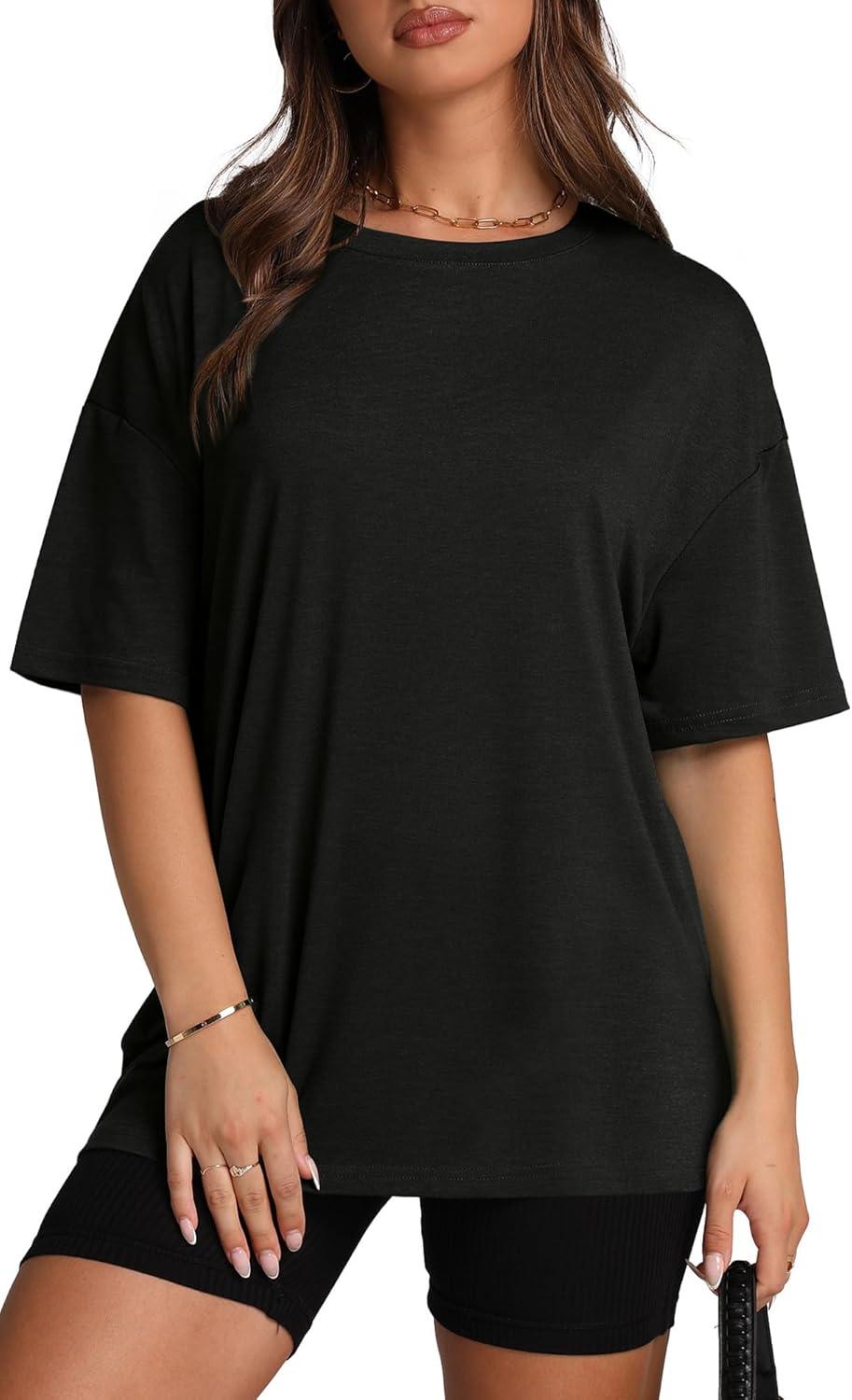 imageOversized T Shirts for Women Summer Crewneck Short Sleeve Basic Tops Loose FitAblack