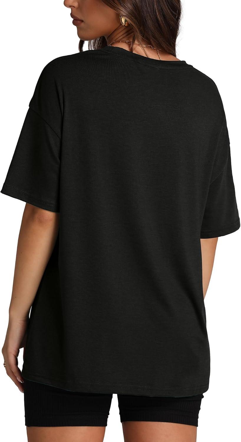 imageOversized T Shirts for Women Summer Crewneck Short Sleeve Basic Tops Loose FitAblack