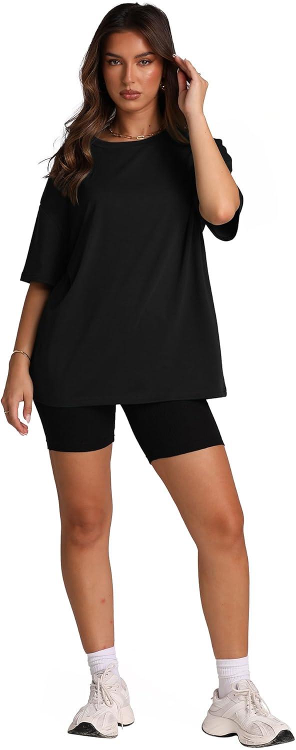 imageOversized T Shirts for Women Summer Crewneck Short Sleeve Basic Tops Loose FitAblack