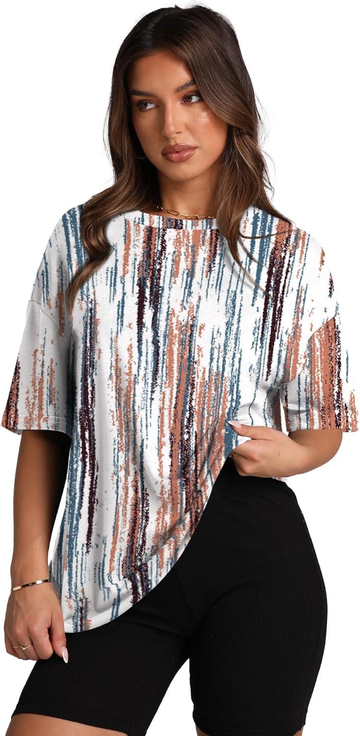 imageOversized T Shirts for Women Summer Crewneck Short Sleeve Basic Tops Loose FitBrown Stripe