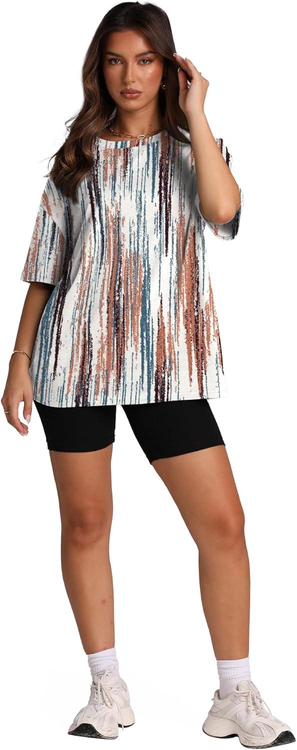 imageOversized T Shirts for Women Summer Crewneck Short Sleeve Basic Tops Loose FitBrown Stripe