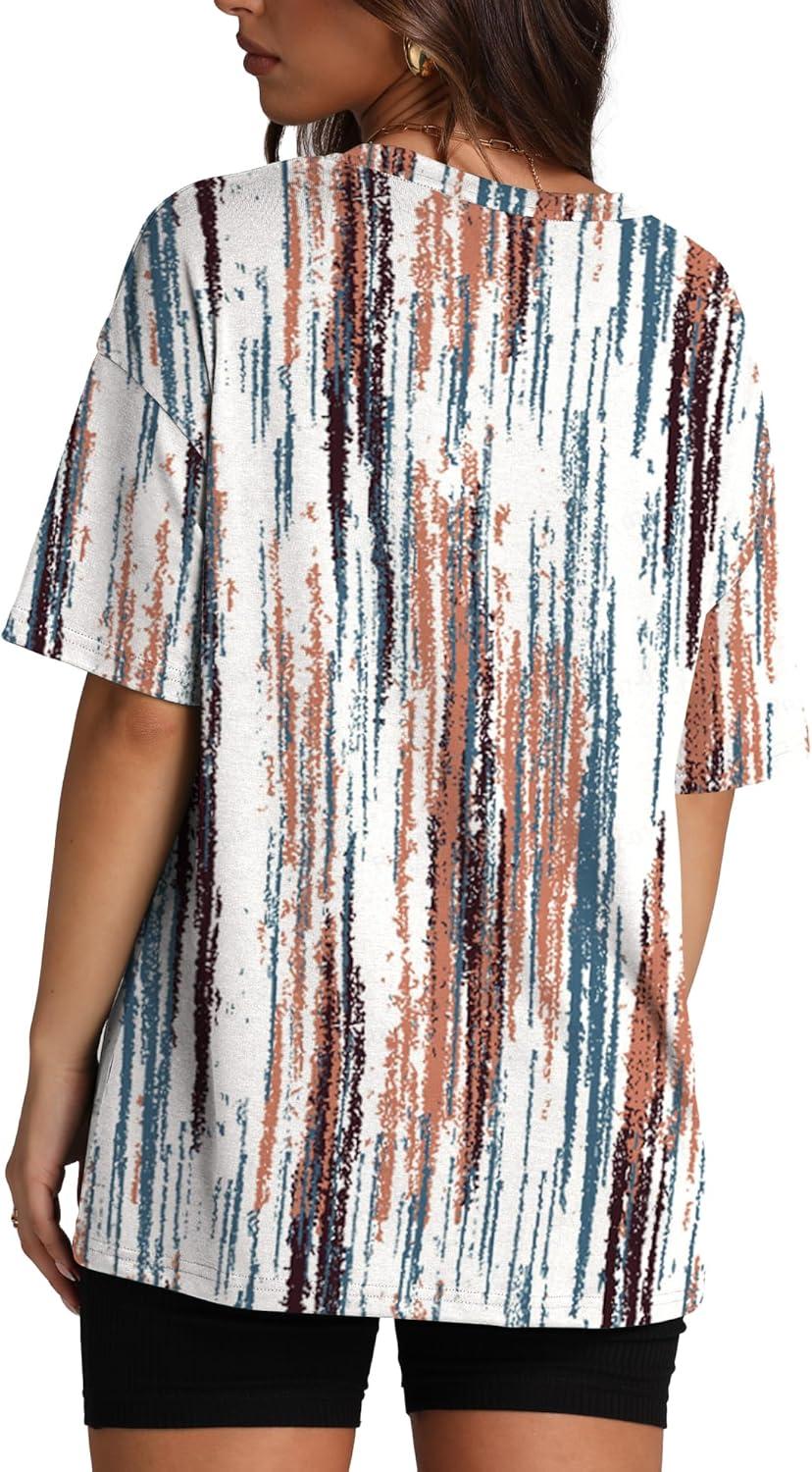 imageOversized T Shirts for Women Summer Crewneck Short Sleeve Basic Tops Loose FitBrown Stripe