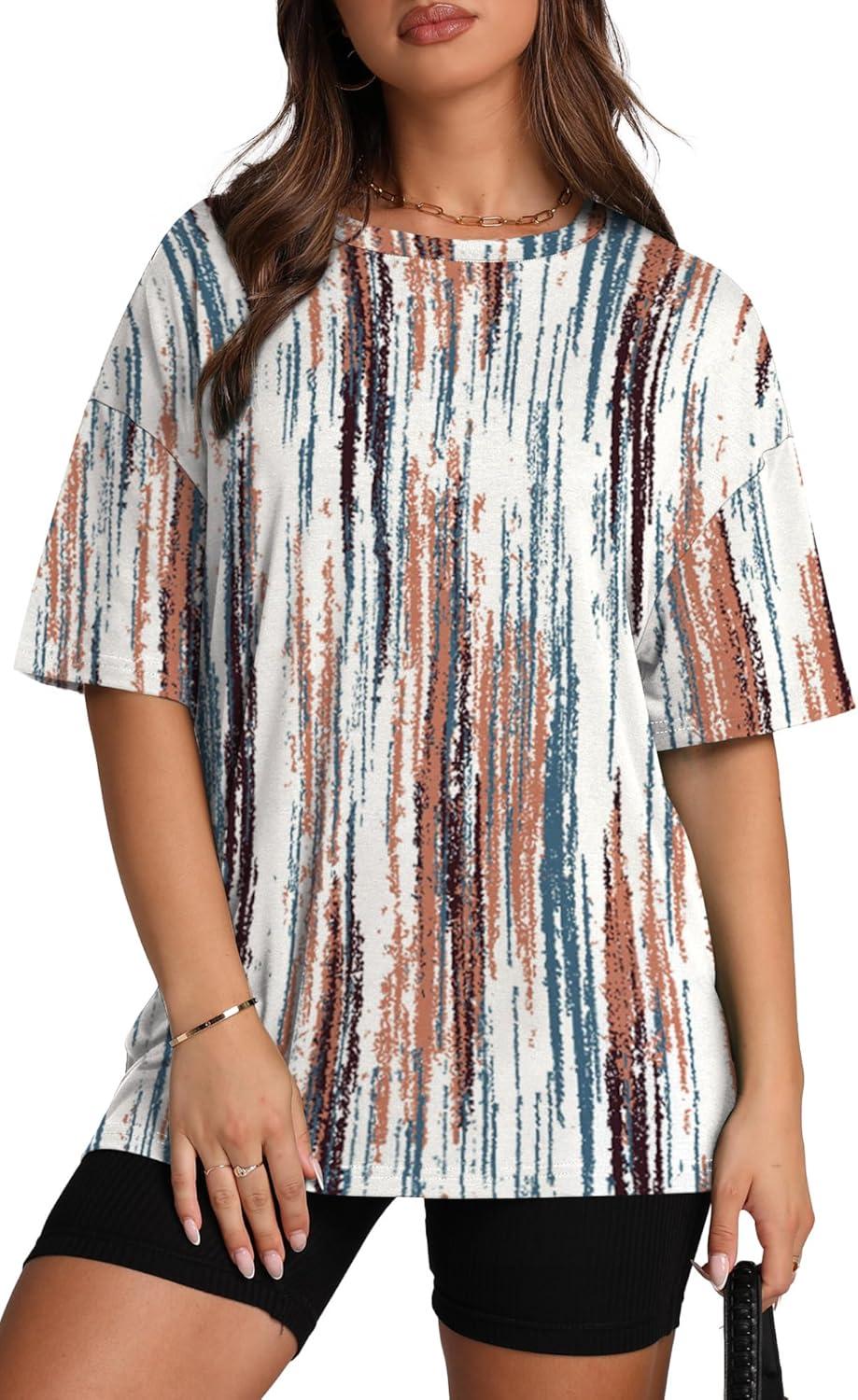 imageOversized T Shirts for Women Summer Crewneck Short Sleeve Basic Tops Loose FitBrown Stripe
