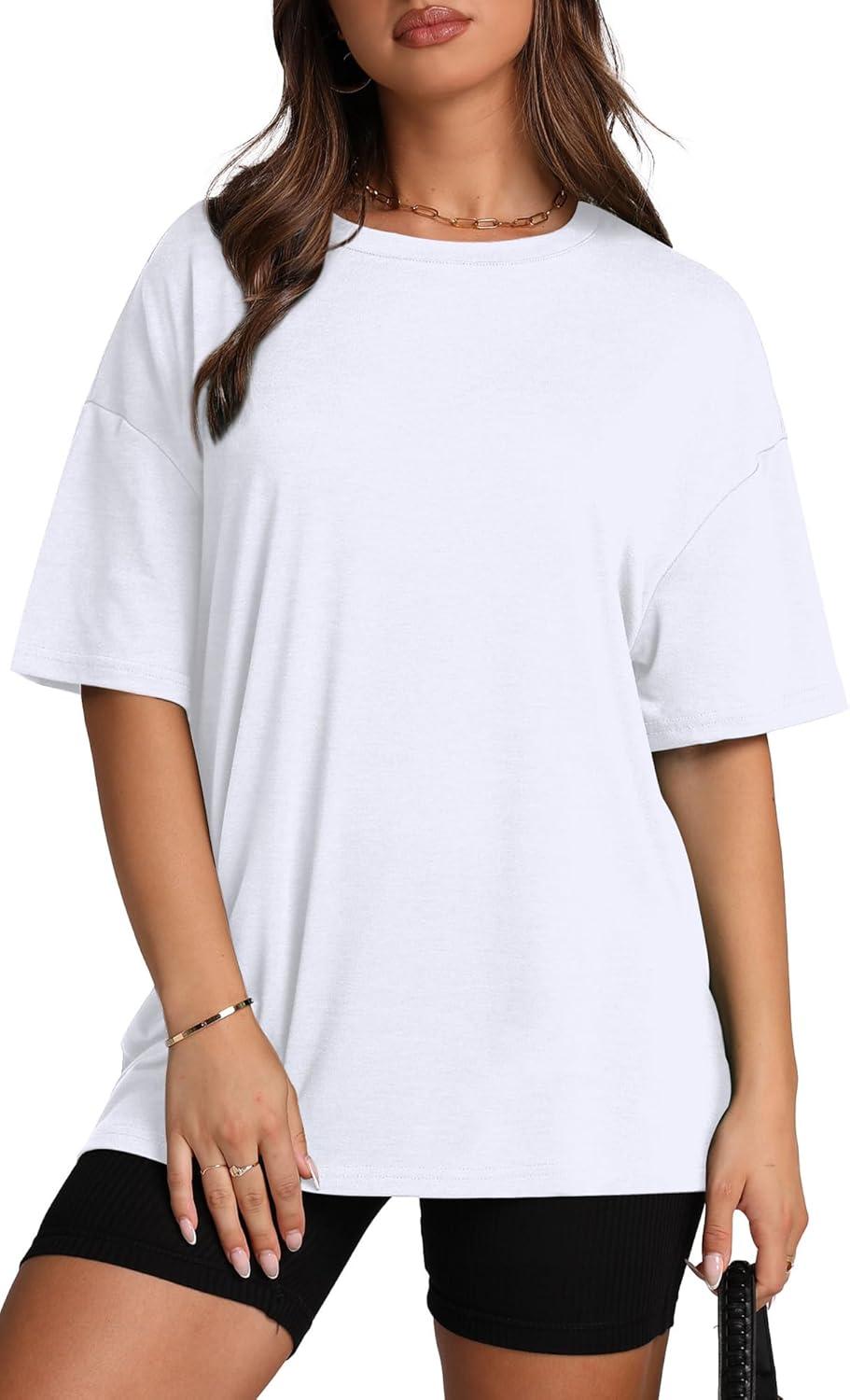 imageOversized T Shirts for Women Summer Crewneck Short Sleeve Basic Tops Loose FitBwhite