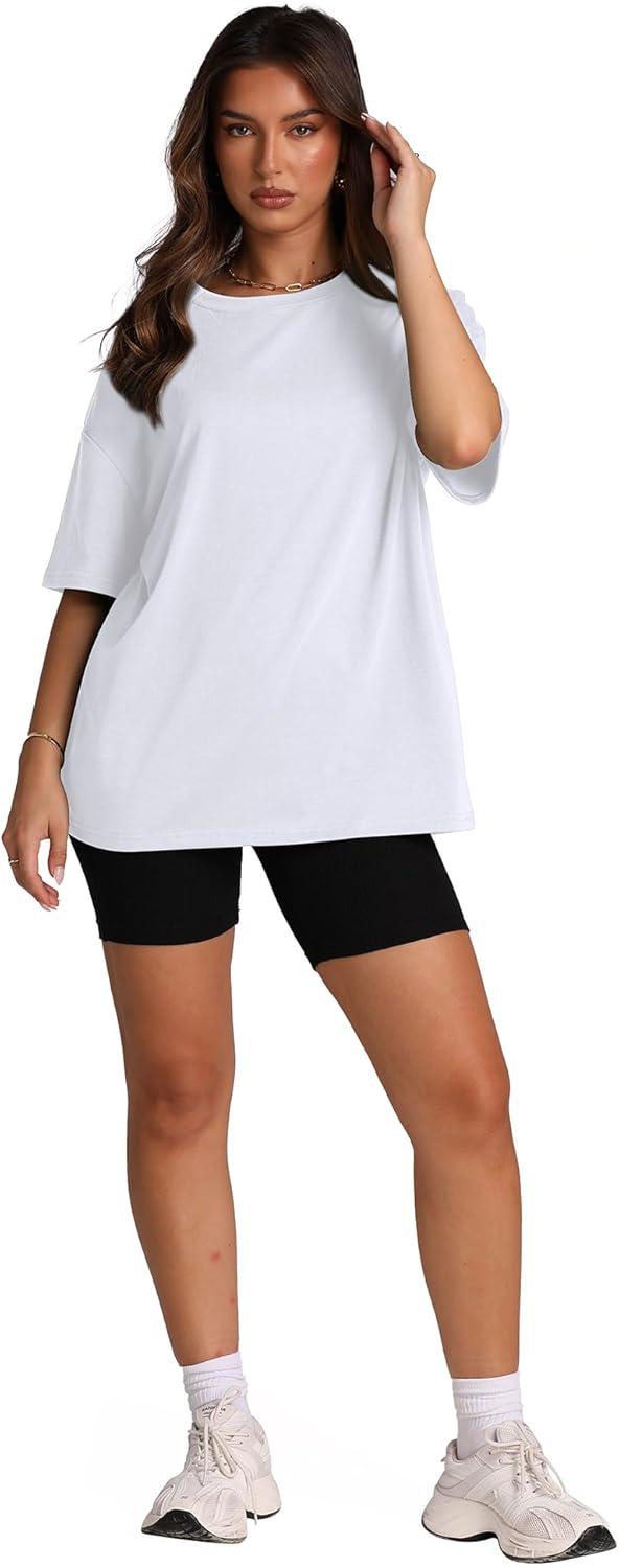 imageOversized T Shirts for Women Summer Crewneck Short Sleeve Basic Tops Loose FitBwhite