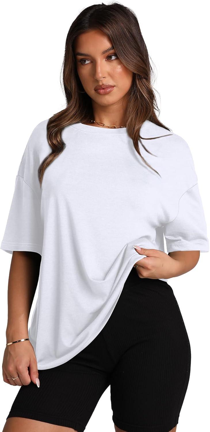 imageOversized T Shirts for Women Summer Crewneck Short Sleeve Basic Tops Loose FitBwhite